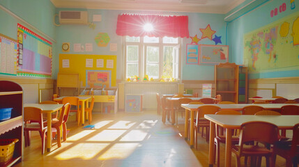 A daycare classroom in bright sunshine