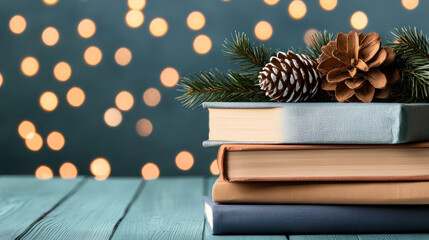 A Stack of books decorated with pinecones and greenery, creating cozy holiday atmosphere