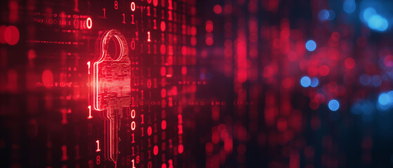 Obraz premium Glowing red key shaped lock with binary code on a dark digital background.