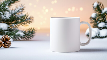 A Minimalist white ceramic mug surrounded by snow and pine branches, evoking cozy winter atmosphere