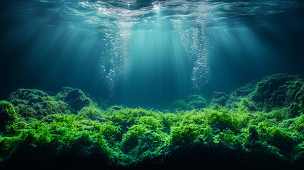 Obraz premium Underwater Serenity: Sunbeams dance through the crystal-clear water, illuminating a vibrant underwater landscape of lush green seaweed and rocky formations. Bubbles rise gently towards the surface.