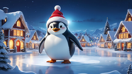 A playful penguin, bundled in a festive hat and scarf, frolics amidst a winter wonderland of snowmen, snowflakes, and a towering Christmas tree