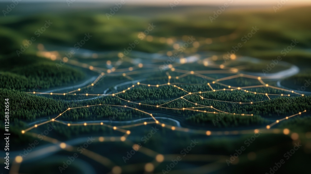 Poster a digital landscape featuring interconnected lines and glowing nodes, representing a network over a 