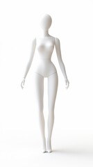 A minimalist white mannequin stands upright against a plain background, showcasing a sleek design ideal for fashion displays and artistic presentations.