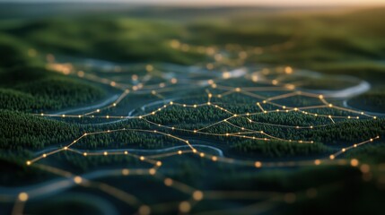 A digital landscape featuring interconnected lines and glowing nodes, representing a network over a lush, green terrain.
