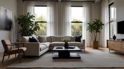 A beautifully styled living room with sheer white curtains, comfortable furniture, vibrant potted plants, and a black glass table centerpiece adorned with fresh flowers.