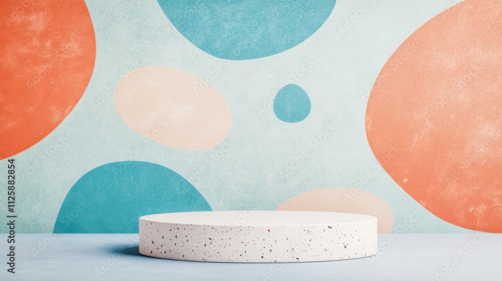Poster a minimalistic display featuring a circular platform against a colorful, abstract wall with playful 