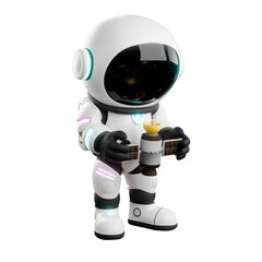 Chibi Astronaut Design in 3D. A chibi astronaut standing holding a satellite with both hands while looking at it. Creative Cartoon Style