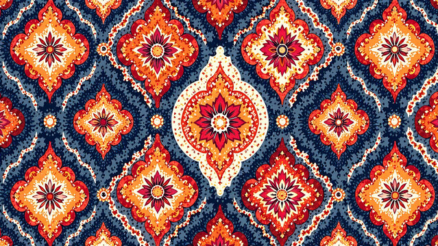 Seamless ikat pattern featuring abstract design watercolor elements damask style digital floral motifs geometric shapes ajrakh influences allover paisley African zig zag batik aesthetics and ethni