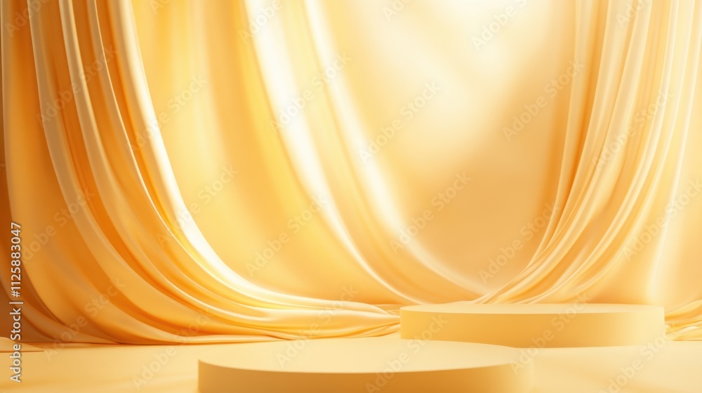 Poster a serene setting featuring soft yellow drapes and circular pedestals, creating a warm and inviting a