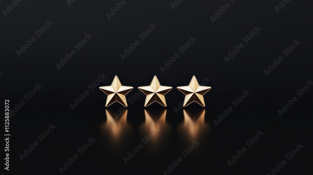 Poster three shiny golden stars arranged in a row against a dark background, reflecting light and creating 