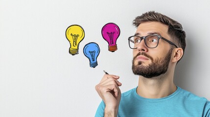Man Brainstorming Creative Ideas Lightbulbs |  Minimalist design