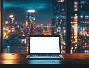 Laptop with blank screen on desk overlooking night city.