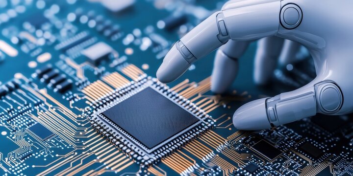 efficiency optimization technique concept. Robotic hand interacting with a microprocessor on a circuit board.