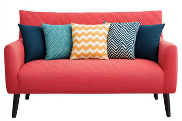 Stylish coral sofa with colorful pillows for modern interiors.