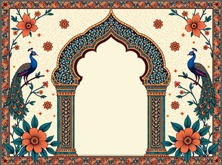 Invitation design featuring middle eastern seamless pattern and Mughal arch with peacock illustration
