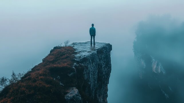 A man standing on a cliff edge overlooking a foggy landscape, concept of courage, risk, exploration, and uncertainty.
