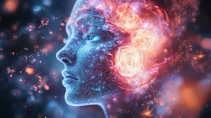 Abstract portrait of a woman with neon glowing energy