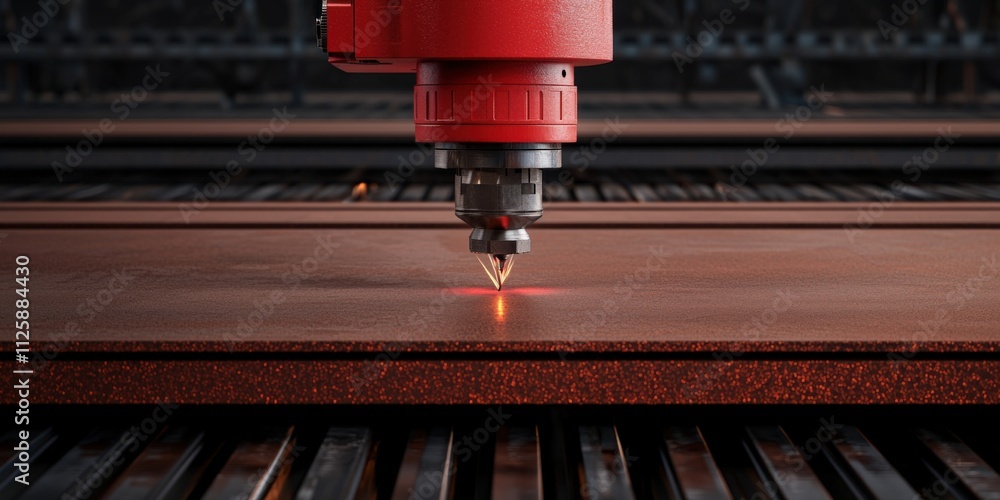 Aufkleber efficiency optimization technique concept. laser cutting tool working on metal surface in workshop e