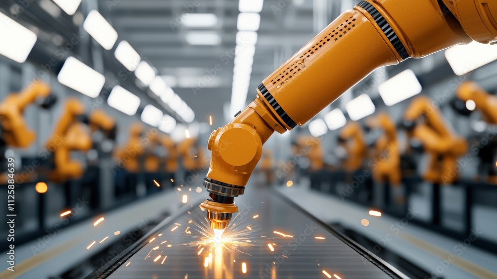 Poster efficiency optimization technique concept. robotic arm welding in a modern industrial setting with s