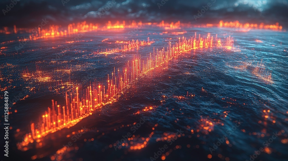 Aufkleber abstract representation of glowing data streams over a dark ocean landscape with atmospheric lightin