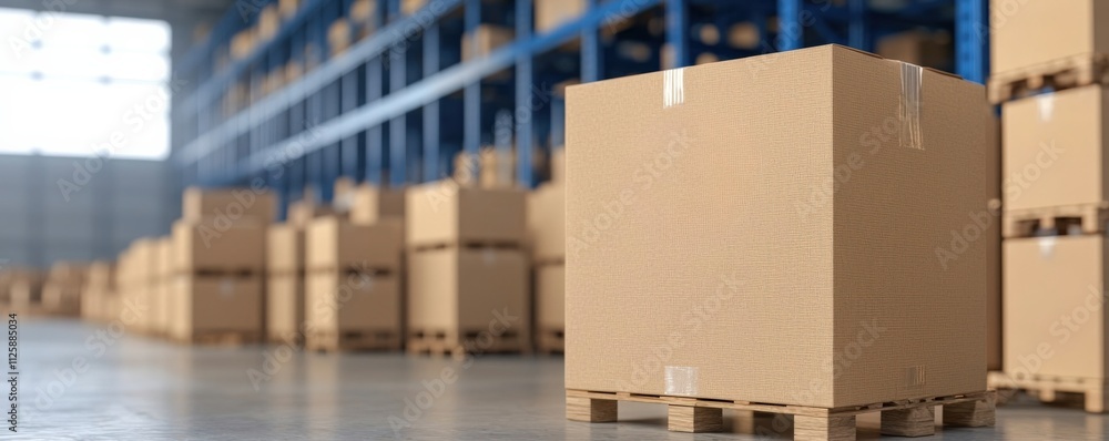 Poster efficiency optimization technique concept. warehouse with stacked cardboard boxes on pallets in a sp