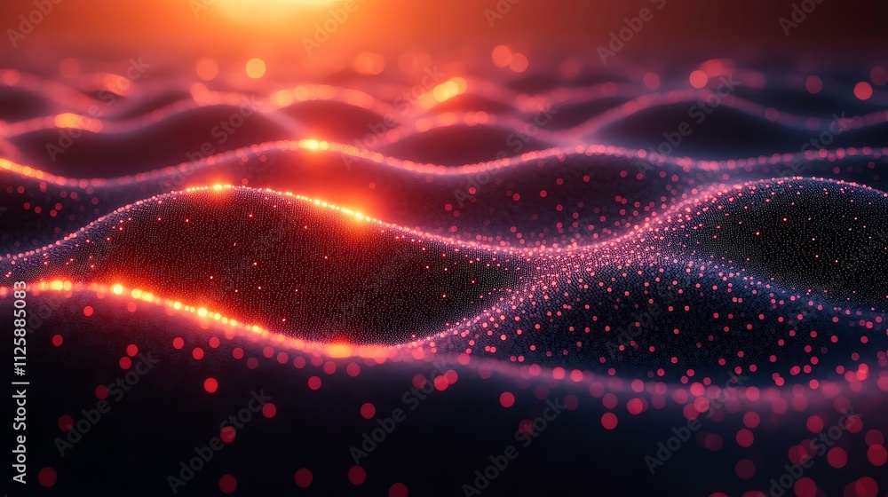 Poster abstract view of shimmering ocean waves illuminated by sunset, showcasing luminous particles and flu