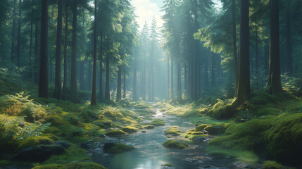 Serene Forest Stream: Sunlight filters through the dense canopy of a lush evergreen forest, illuminating a tranquil stream winding its way through mossy rocks and verdant undergrowth.