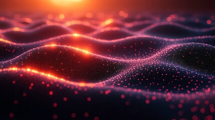 Abstract view of shimmering ocean waves illuminated by sunset, showcasing luminous particles and fluid motion, creating a serene and mesmerizing atmosphere in nature