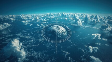 Ethereal Perspective of Earth Surrounded by Clouds with Compass Elements Illustrating Navigation and Exploration in a Bright Sky Environment