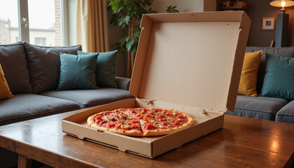  Freshly baked pizza in open box on coffee table in cozy living room