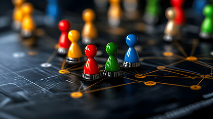 Board game pieces on network strategy board, for marketing or presentation, isolated on dark background
