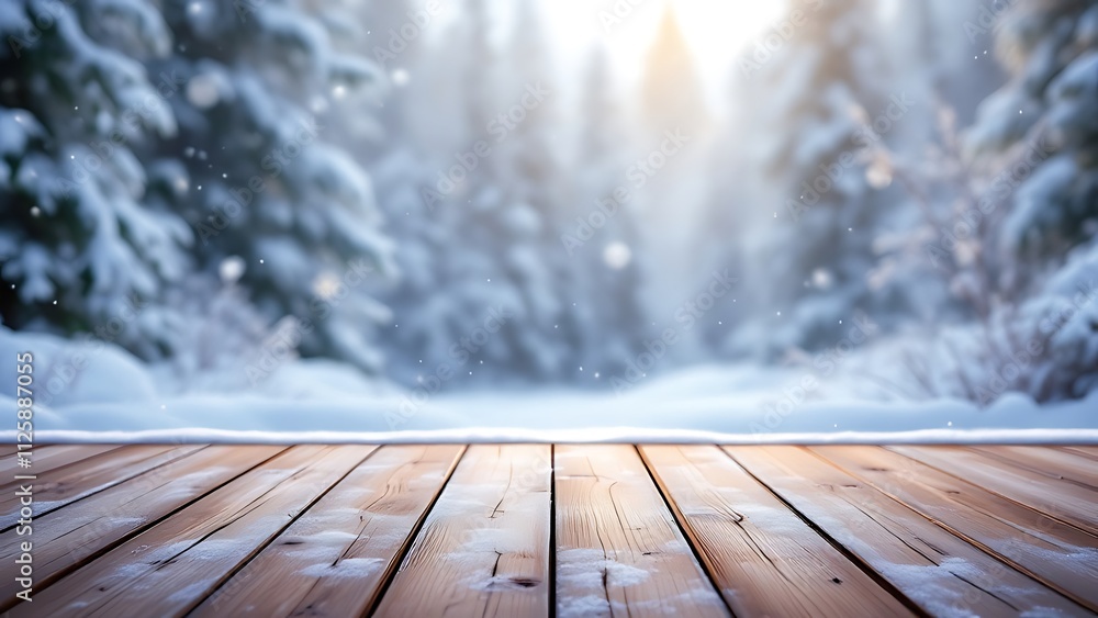 Poster empty wood table with winter forest background