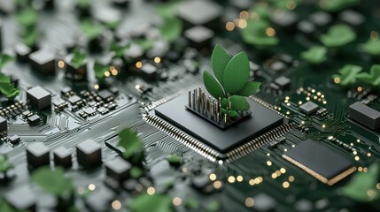 Eco-friendly tech circuitry meets lush urban environments