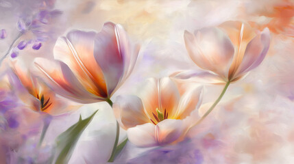 Soft pastel tulips painted in abstract strokes, a blend of peach, cream, and lavender tones with dreamy highlights, high definition background, mock up wallpaper