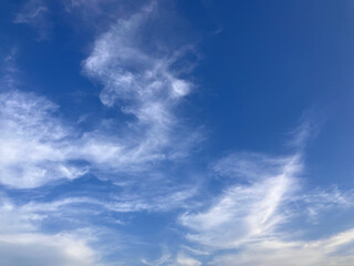 Obraz premium Elegant Sky Dance: Wispy Clouds Flowing Gracefully Across a Deep Blue Horizon