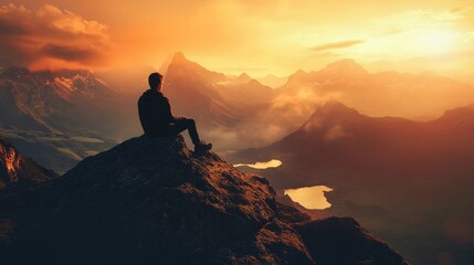 Silhouette of a man sitting on a mountaintop, watching the sunset over a valley