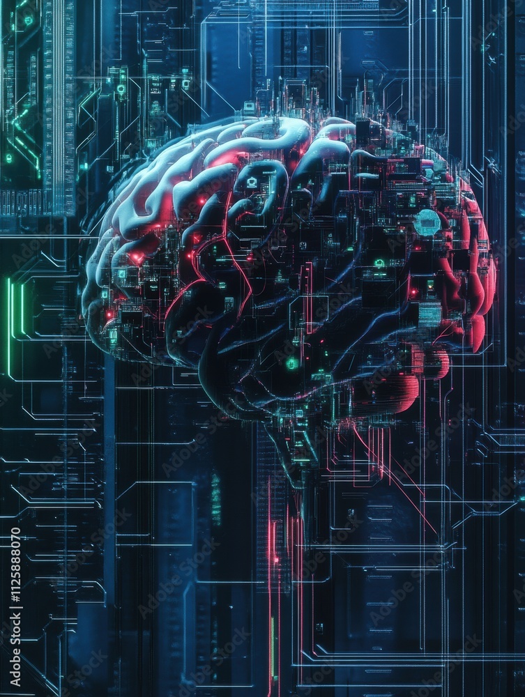 Aufkleber a digital brain integrates seamlessly with circuits and holographic projections, showcasing advanced