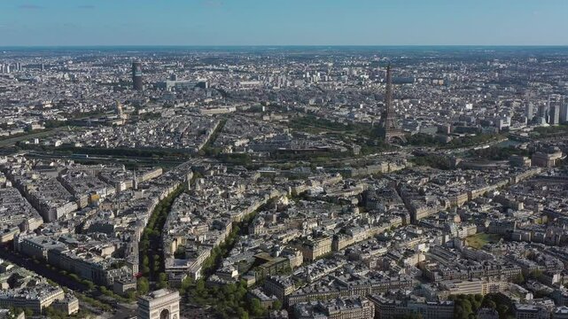 PARIS, FRANCE - OCTOBER 3, 2024: Aerial view showcasing the iconic landmarks of Paris in a breathtaking panorama of the cityscape