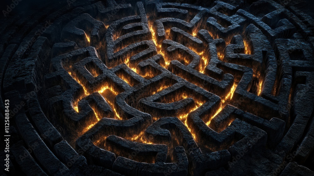 Aufkleber a unique labyrinth shaped like a human brain features glowing pathways, symbolizing the complexities