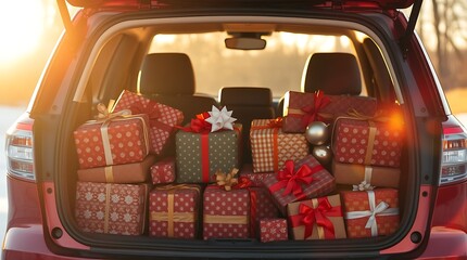 car trunk packed with Christmas decorations in shopping bags, filled with festive items like ornaments, lights, and gift promotions, seasonal advertisements, or lifestyle content