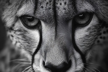 Close-up of a cheetah in black and white, showcasing its stunning fur and intense gaze