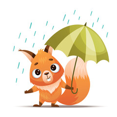 An adorable cartoon squirrel joyfully holding a bright green umbrella while playfully enjoying the rainy weather