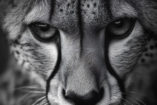Close-up of a cheetah in black and white, showcasing its stunning fur and intense gaze