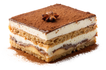 tiramisu cake slice dusted with cocoa powder cut out isolated on white background