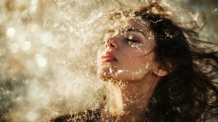 Fototapeta premium Woman with eyes closed and water splashing on her face in a sunny beach setting.
