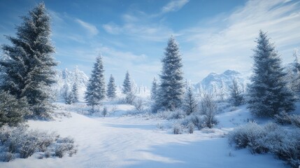 Obraz premium Snowy landscape with trees and mountains