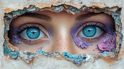 Woman's striking blue eyes framed by a cracked, colorful wall, showcasing detailed textures and artistic expressions of beauty and resilience in an abstract setting