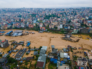 Drone view of the Nakhu River flooded in Lalitpur, Nepal..