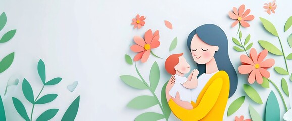 Loving Mother and Baby in Vibrant Papercraft Style